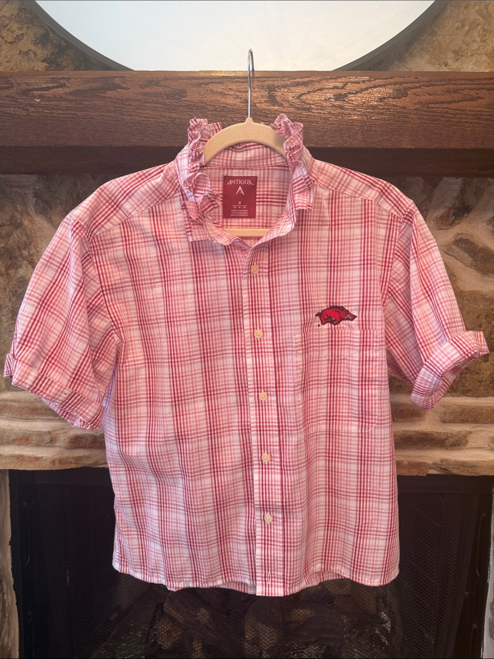Upcycled Antigua Men's Pink & Red Plaid Short-Sleeve Button-Down Shirt